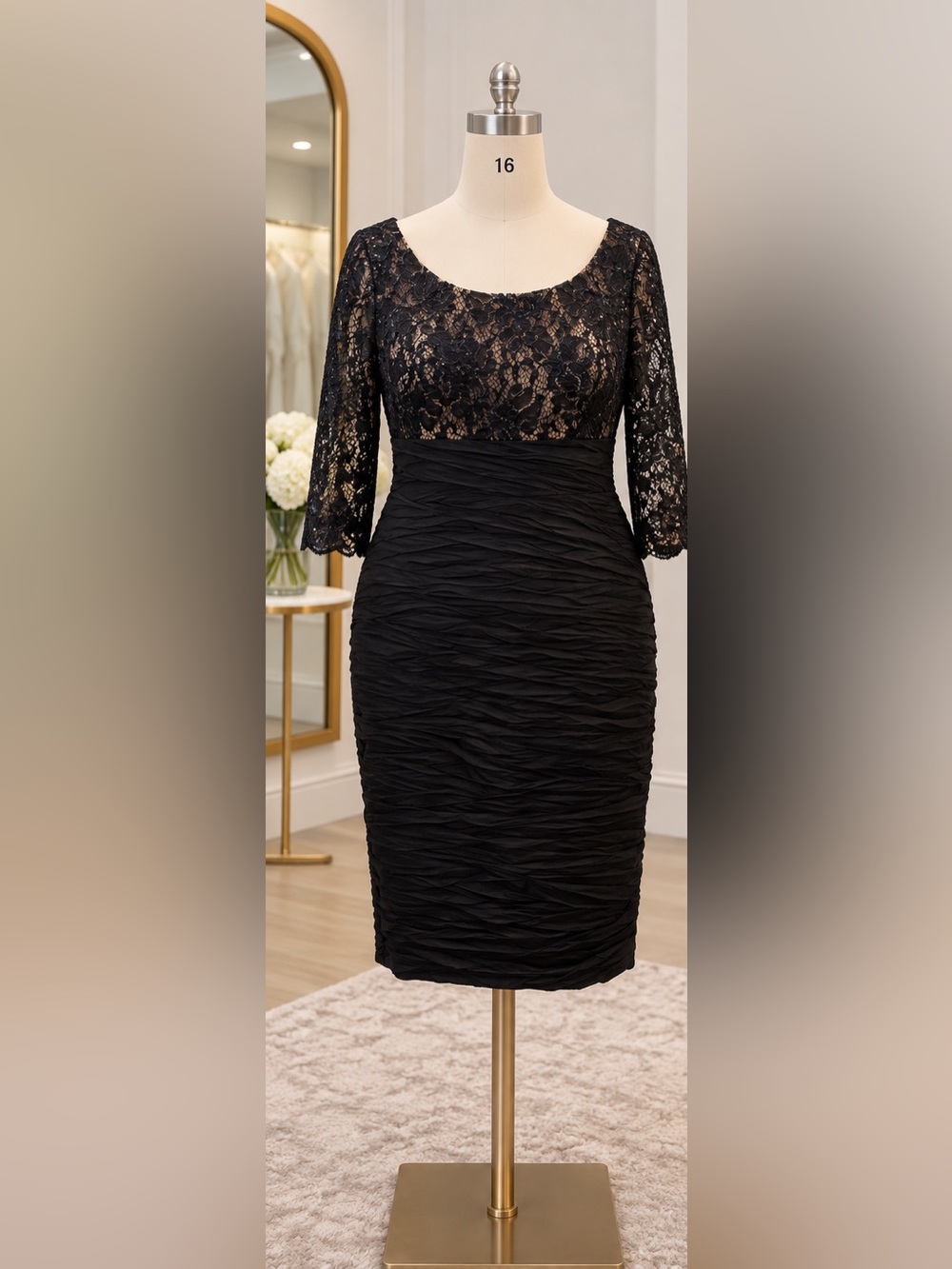 Alex Evenings Black Lace Ruched Long Sleeve Sheath Dress